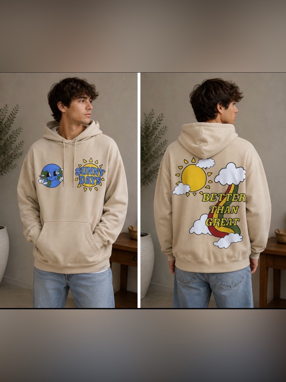 Chemistry Sunny Days Better Than Great Graphic Hoodie Beige XL NWT Y2K
